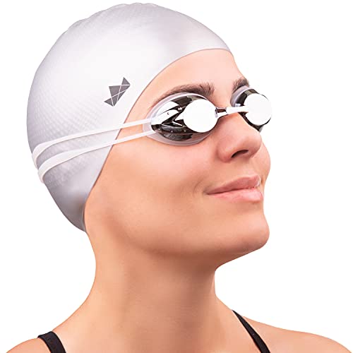 The Friendly Swede 2 Pack Swim Goggles for Adults with Interchangeable Nose Pieces and Protective Cases, Mirrored (Black + White)