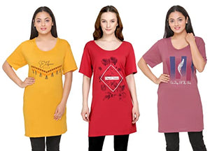 CUPID Regular Fit Cotton Round Neck T-Shirt, Plus Size Night, Sleep, Yoga, Gym, Long Top n Tees for Women - Combo Pack of 3 - 3XL, Mauve / Yellow / Red