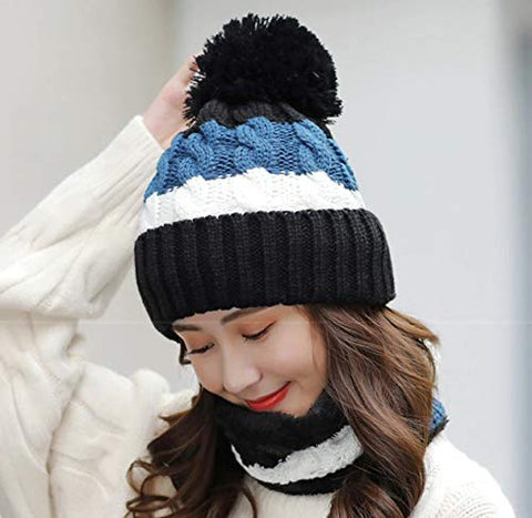 Image of Alexvyan Twist Color Matching Winter Very Soft Warm 1 Set Snow Proof Knitted Ball Cap (Inside Fur) Woolen Beanie Cap + Neck Muffler Scarf Set for Ladies I Women I Girl (Black)