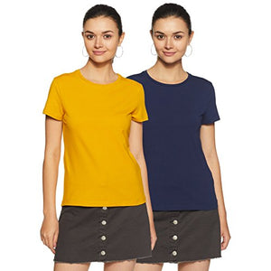 Amazon Brand - Symbol Women's Solid Regular Fit Half Sleeve T-Shirt (RN-PO2-COMBO6-Blue & Mustard-S) (Combo Pack of 2)