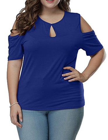 Image of Allegrace Women's Plus Size Keyhole Front Short Sleeve Top Cold Shoulder T Shirt Blue 4X
