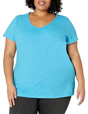 Just My Size Women's Short Sleeve Shirred V-Neck Tee, Process Blue, 4X