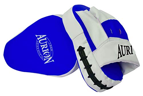 AURION Boxing PU Pads Focus Curved Maya Hide Leather Hook and Jab Target Hand Pads Great for MMA Kickboxing, Martial Arts, Karate Training, Strike Shield (Blue Focus PAD)