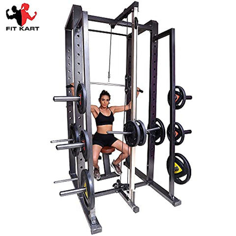 Image of FIT KART Power Squat Rack with Lats Pull Down & Ground Pulley Dips Setup for Home Gym, 4X2 Strong Pipe, Multicolour