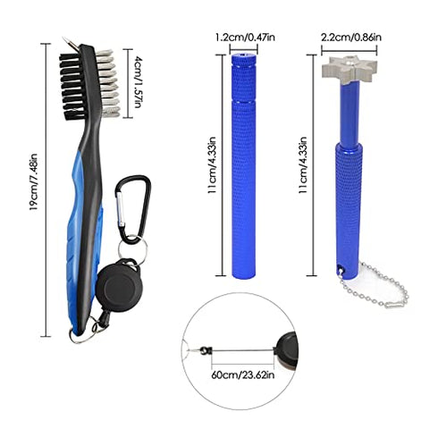 Image of VIPMOON Golf Clean Tool Set,Retractable Golf Club Brush and 2 Golf Club Groove Sharpener for U & V-Grooves, Portable Golf Brush Tool Kits for All Golf Irons for Man (Blue)