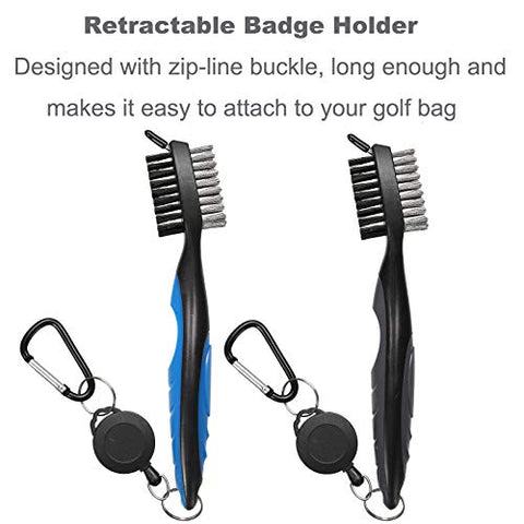 Image of Borogo 2-Pack Golf Club Brush Groove Cleaner, Golf Club Brush and Club Groove Cleaner 2 Ft Retractable Zip-line and Aluminum Carabiner Cleaning Tools Black-Blue