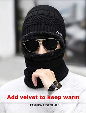 ABlue Clipper Unisex Woollen with Faux Fur Inner Side Beanie Cap and Neck Muffler Winter Combo Set (Black , Free Size )