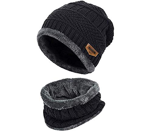 BTfash Winter Knit Neck Warmer Scarf and Set Skull Cap for Men Women/Winter Cap (2 Piece Combo) (Black)