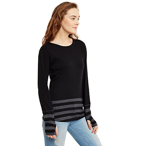 Image of HYPERNATION Black and Grey Stripe Round Neck Thumb Insert Cotton Blend T-Shirt for Women(HYPW01355)