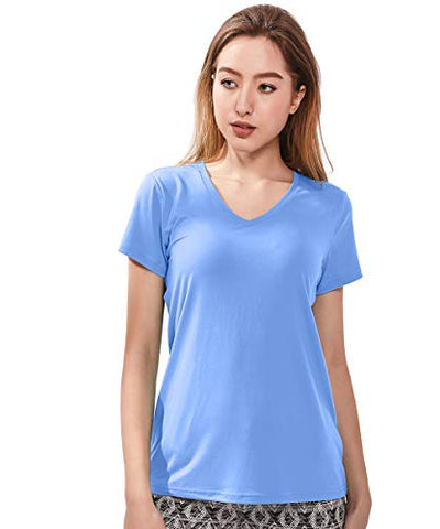 Image of Zengjo Womens Solid Basic Tee V Neck Active Plain T Shirts Short Sleeve(M(Bust 37-38.5"),Sky Blue)