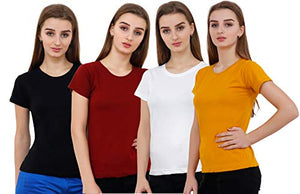 Reifica Women's Plain Half Sleeve T-Shirt Combo Pack of 4 (Black,Maroon,White,Mustard Yellow_Small)