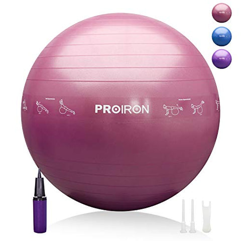 Image of PROIRON Printed Yoga Ball-55cm RED Exercise Ball with Postures Shown on The Yoga Ball, Pregnancy Ball, Anti-Burst Gym Ball, Swiss Ball with Pump, Birthing Ball for Yoga, Pilates, Fitness, Labour