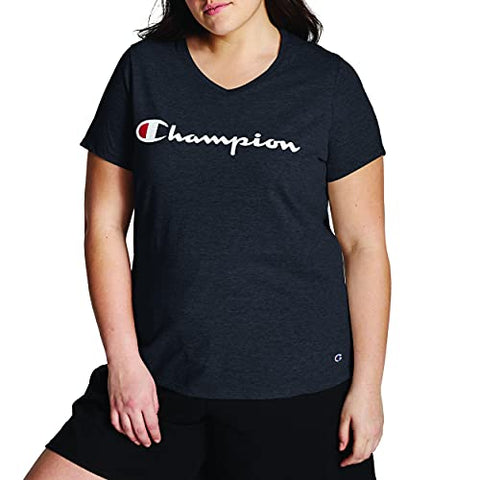 Image of Champion Women's Jersey V-Neck Tee, Script Logo, Black, 2X