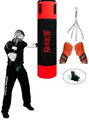 AURION E250 Black/ RED-48FILLED Heavy Punch Bag 4 Feet Boxing MMA Sparring Punching Training Kickboxing Muay Thai with Hanging Chain (Tan (Brown) Filled 48 Inches (Pu Leather))