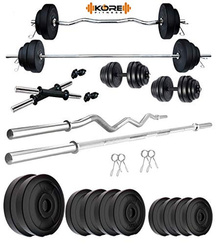 Image of Kore PVC 50 Kg Home Gym Set With One 5 Ft Plain + One 3 Ft Curl Rod And One Pair Dumbbell Rods, Multicolour