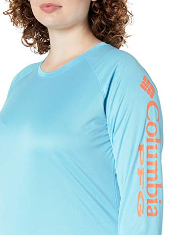 Image of Columbia Women's Tidal Tee Heather Long Sleeve, Riptide Heather, Jupiter Logo, Medium