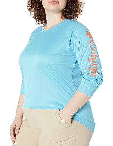 Image of Columbia Women's Tidal Tee Heather Long Sleeve, Riptide Heather, Jupiter Logo, Medium