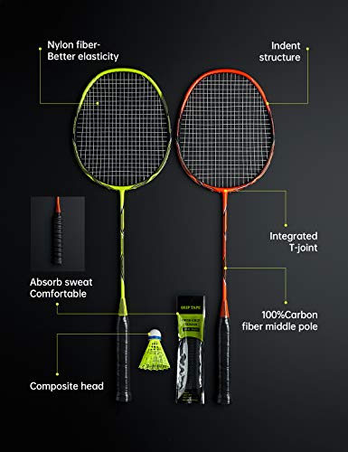 WOED-2 Player Badminton Set, Carbon Fiber Badminton Rackets Badminton Racquet for Backyards Gym with 3 Shuttlecocks 2 Grip Tape and 1 Badminton Bag, Yellow Orange