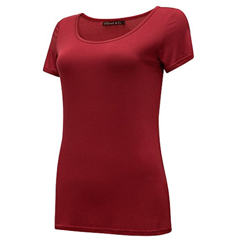 Image of OThread & Co. Women's Plain Basic Spandex Short Sleeves T-Shirt Scoop Neck Tee (X-Large, Burgundy)
