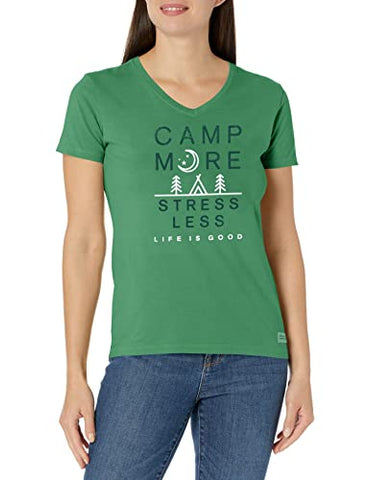 Image of Life is Good Womens Camping Graphic T-Shirt V-Neck Collection,Camp More,Forest Green,Small