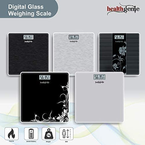 Image of Healthgenie Thick Tempered Glass Lcd Display Digital Weighing Machine , Weight Machine For Human Body Digital Weighing Scale, Weight Scale, with 2 Year Warranty & Batteries Included (Black Pattern)