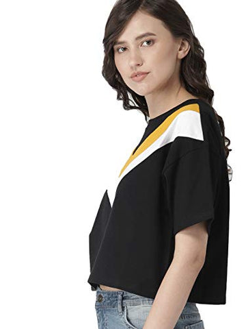 Image of JUNEBERRY Women's Cotton Half Sleeve Crop T-Shirt(JB_TSH_117_BLKYLWWHT_L_Black_Large)