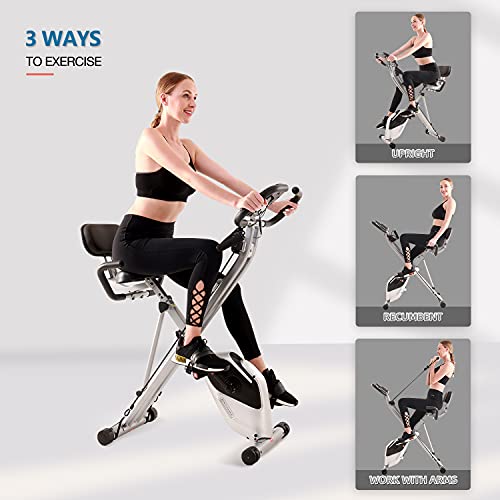 Davcreator Foldable Fitness Exercise Bike, Magnetic Slim Cycle 2-in-1 Recumbent & Upright Stationary Bike with Arm Workout for Home