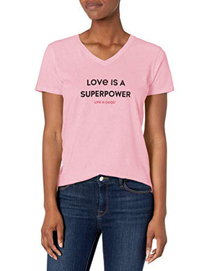 Life is Good Womens Crusher Graphic V-Neck T-Shirt, Love Happy Pink, X-Small