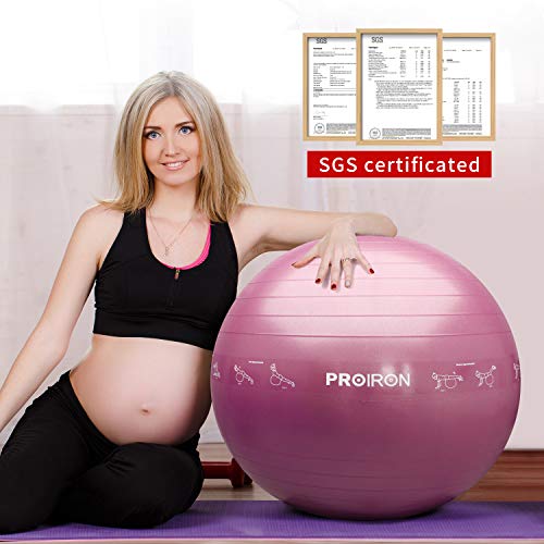 PROIRON Printed Yoga Ball-55cm RED Exercise Ball with Postures Shown on The Yoga Ball, Pregnancy Ball, Anti-Burst Gym Ball, Swiss Ball with Pump, Birthing Ball for Yoga, Pilates, Fitness, Labour
