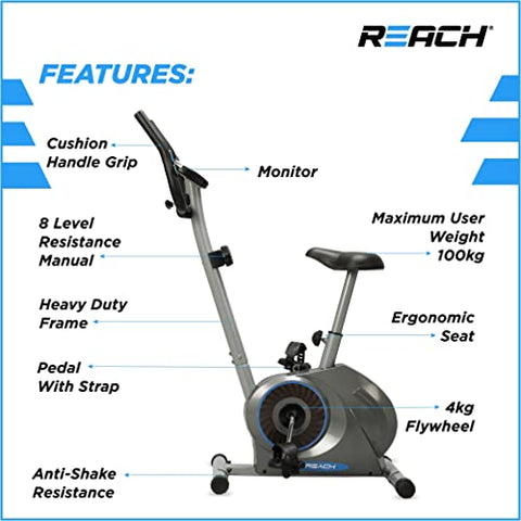 Image of Reach B-200 Magnetic Exercise Cycle for Home Gym | Upright Stationary Exercise Bike for Cardio and Fitness Workout | Adjustable Magnetic Resistance with 4kg Flywheel and Cushioned Seat | Max User Weight 100Kg