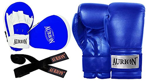 Image of Boxing Pads Focus Curved Maya Hide Leather Hook and Jab Target Hand Pads Great for MMA,Kickboxing, Martial Arts, Karate Training, Strike Shield (Blue-Combo (Focus Pad + Boxing Glove+Boxing Hand wrap)