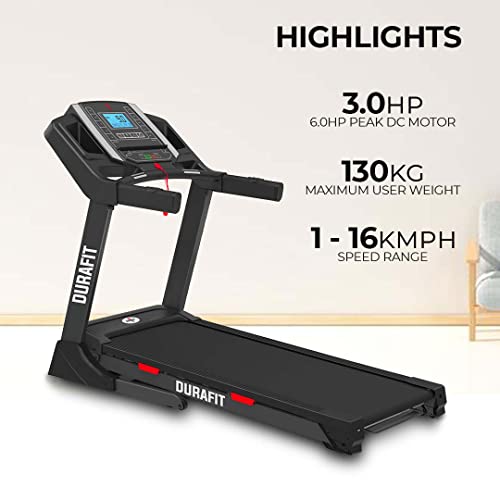 Durafit - Sturdy, Stable and Strong Durafit Mustang | 6 HP Peak DC Motorized Treadmill | Home Cardio | Max Speed 16 Km/Hr | Max User Weight 130 Kg | Free Installation Assistance