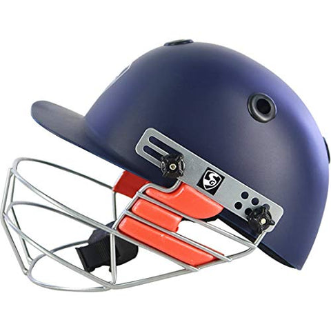Image of SG Adult Foam, Polyurethane and Fabric Super Test RH Thigh Pad+SG Optipro Polypropylene Cricket Helmets, Medium, Navy Blue