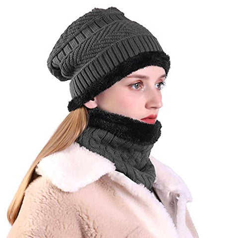 Image of FETE PROPZ Unisex Woolen Beanie Cap Plus Muffler Scarf Set for Men Women Girl Boy - Warm, Snow Proof (Color May Vary)