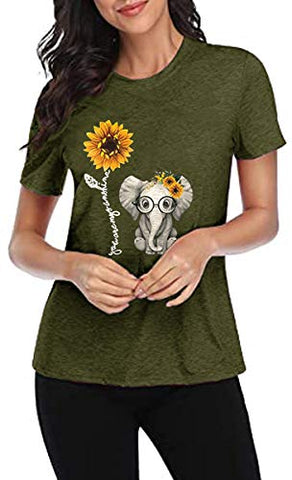 Image of Qianxitang Women's Graphic Tees Cute Sunflower Elephant Print Summer Casual Short Sleeve Round Neck Tops T Shirt (Army Green,Small)