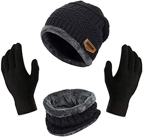 Image of HUNTSMANS ERA Winter Knit Beanie Cap Hat Neck Warmer Scarf and Woolen Gloves Set Skull Cap for Men Women (3 Piece) (Black)
