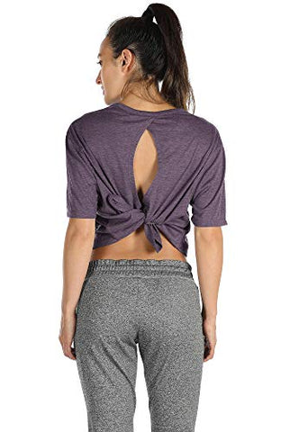 Image of icyzone Open Back Workout Top Shirts - Yoga t-Shirts Activewear Exercise Crop Tops for Women (XL, Plum Purple)