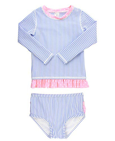 Image of RuffleButts Little Girls Periwinkle Seersucker Long Sleeve Rash Guard Bikini - 5