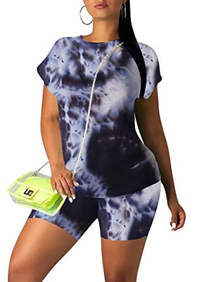 Womens Tie Dye Printed 2 Piece Short Sleeve T Shirt Tops Biker Shorts Set Tracksuit M Black