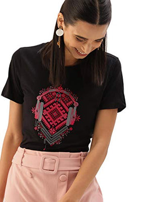 Fabricorn Stylish Plain Black Printed Cotton Tshirt for Women (Black, Large)
