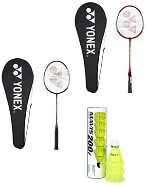 Yonex GR 303 Aluminum Blend Badminton Racquets with Full Cover, Pack of 2 (Black + Red) and Mavis 200i combo