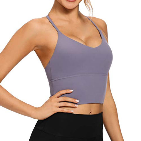 Image of VIBOJOY Longline Strappy Padded Sports Bras Workout Running Tank Crop Tops Yoga Gym Fitness Activewear for Women (Grey-Purple, Small)