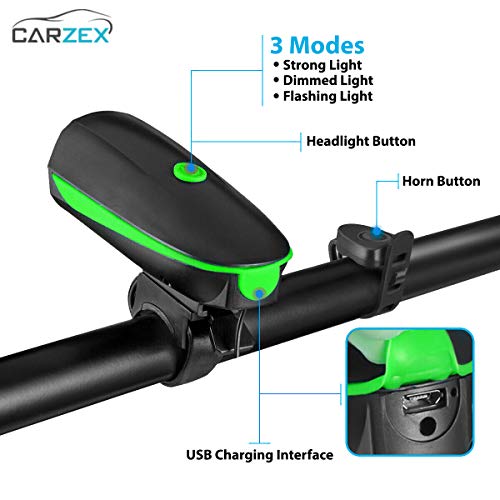 Carzex Rechargeable Rubber Bike/Cycle Super Bright Light & Horn with High/Low/Flashing Beam Function and 140 DB Sound with 5 Different Horn Modes (Color May Vary) (Red/Green)
