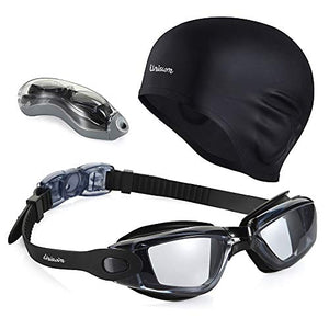 Uniswim Swiming Goggles and Cap Set for Men, Professional Swim Goggles Anti Fog Leakproof UV Protection Clear Wide View, Solid Silicone Swimming Cap for Adults Long Hair Waterproof - Black