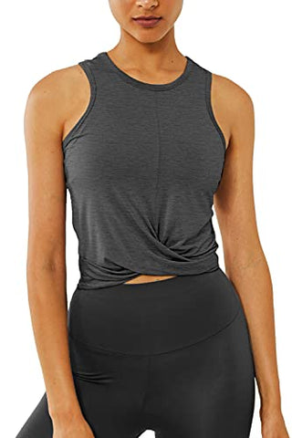 Image of Women Workout Crop Tank Tops Fitness Athletic Activewear Cute Crossover Yoga Sports Shirts - Dark Grey