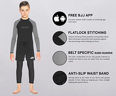 Image of Elite Sports Rash Guards for Boys and Girls, Full Sleeve Compression BJJ Kids and Youth Rash Guard (Grey, Large)