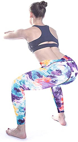 Image of Women's High Waist Workout Leggings with Pockets Naked Feeling Yoga Pants Tummy Control Sports Activewear Tights, Tie Dye Blue, Large
