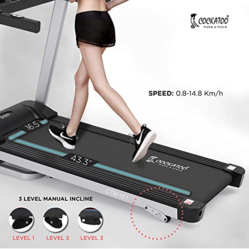 Cockatoo CTM-101 Stainless-Steel Manual Incline 2.5 HP - 5 HP Peak DC Motorized Treadmill for Home Use, Free Installation Assistance (Black)