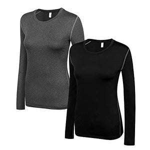 WANAYOU Women's Workout Tops Athletic Long Sleeve T Shirt Yoga Tops Gym Sports T-Shirt Activewear,2 Pack(Black/Grey),M