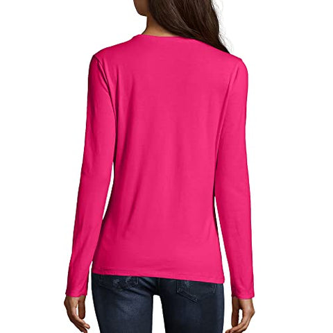 Image of Hanes Women's V-Neck Long Sleeve Tee, Sizzling Pink, Large